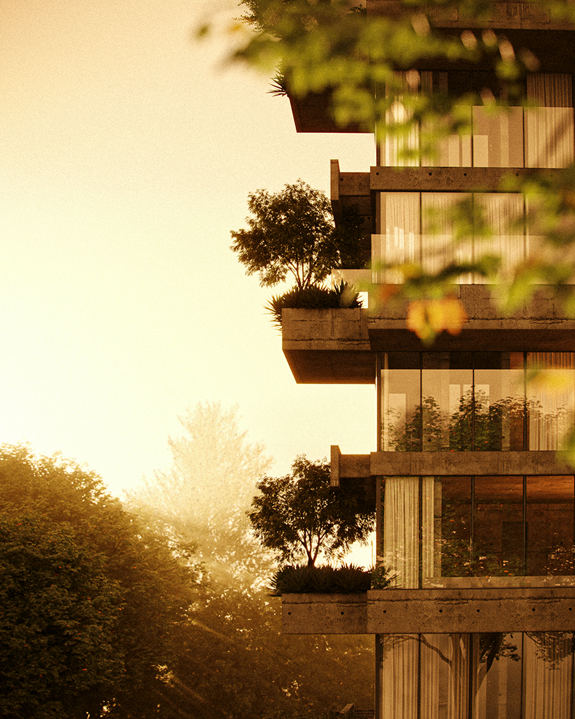 'Hans Broos Tower' exterior vegetation and lighting