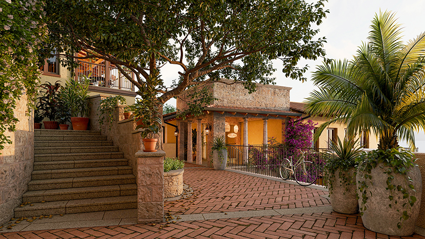 A charming little balcony walkway connecting the buildings in Lantana