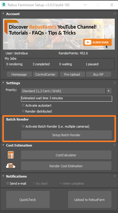 Menú de Rebus Farminizer: configuración de render por lotes