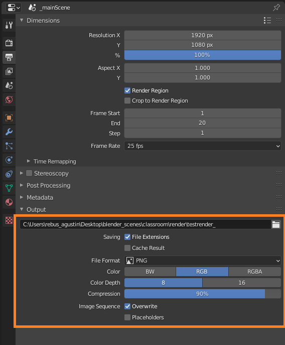 Configuración de renderizado 3D para Blender con CPU Cycles - Opciones de Output