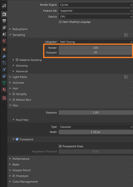 Impostazioni di render per Blender con Cycles CPU - opzioni Render e Viewport