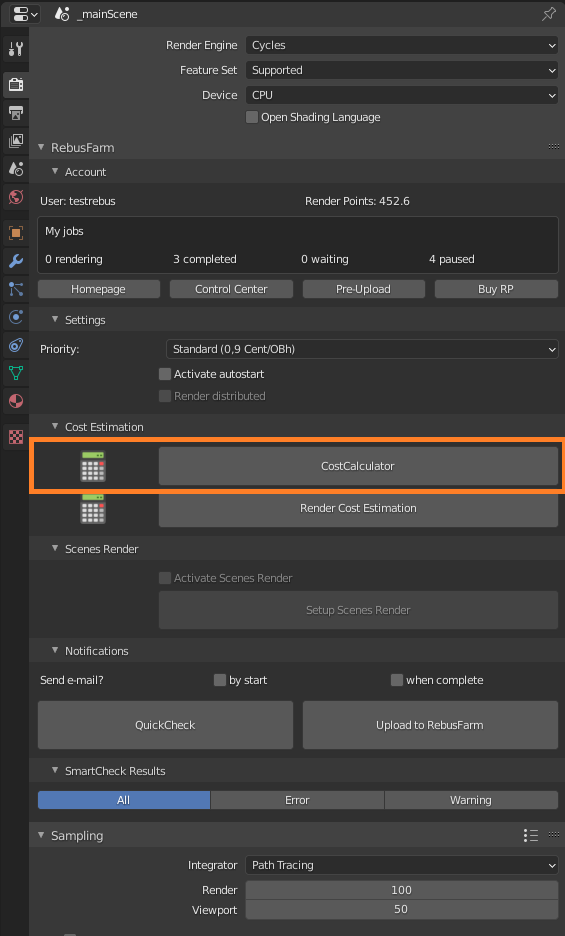 Menu Rebus Farminizer - pulsante CostCalculator