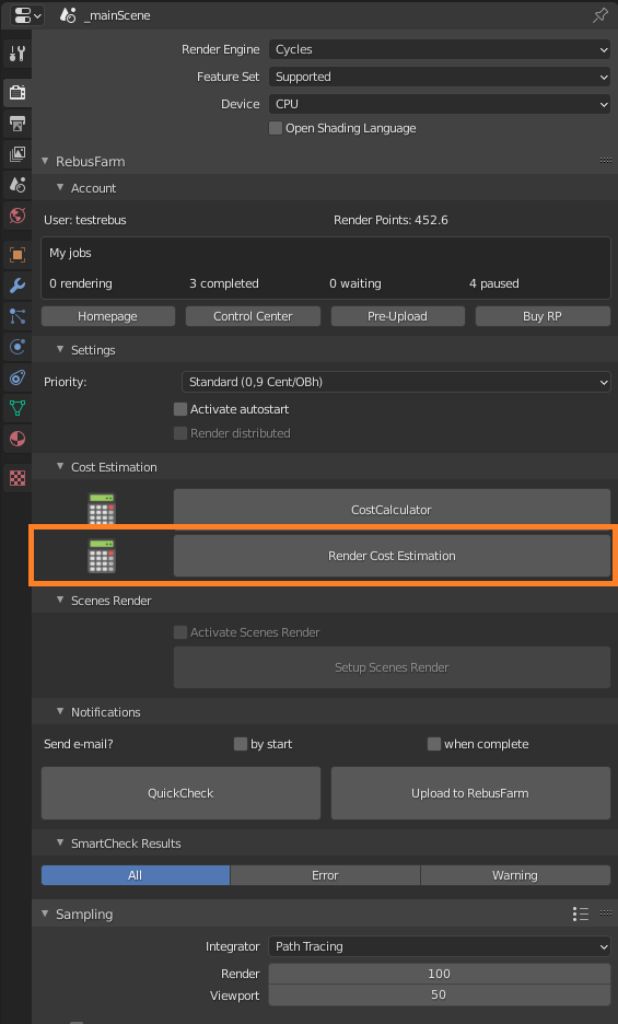 Menú de Rebus Farminizer - Botón de estimación de costos de renderizado