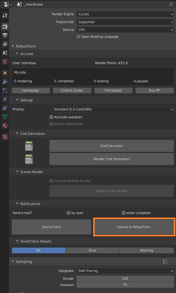 Menú de Rebus Farminizer: botón Upload to RebusFarm