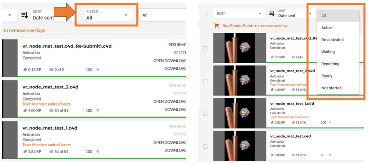 Render Farm ControlCenter - Filter Menu