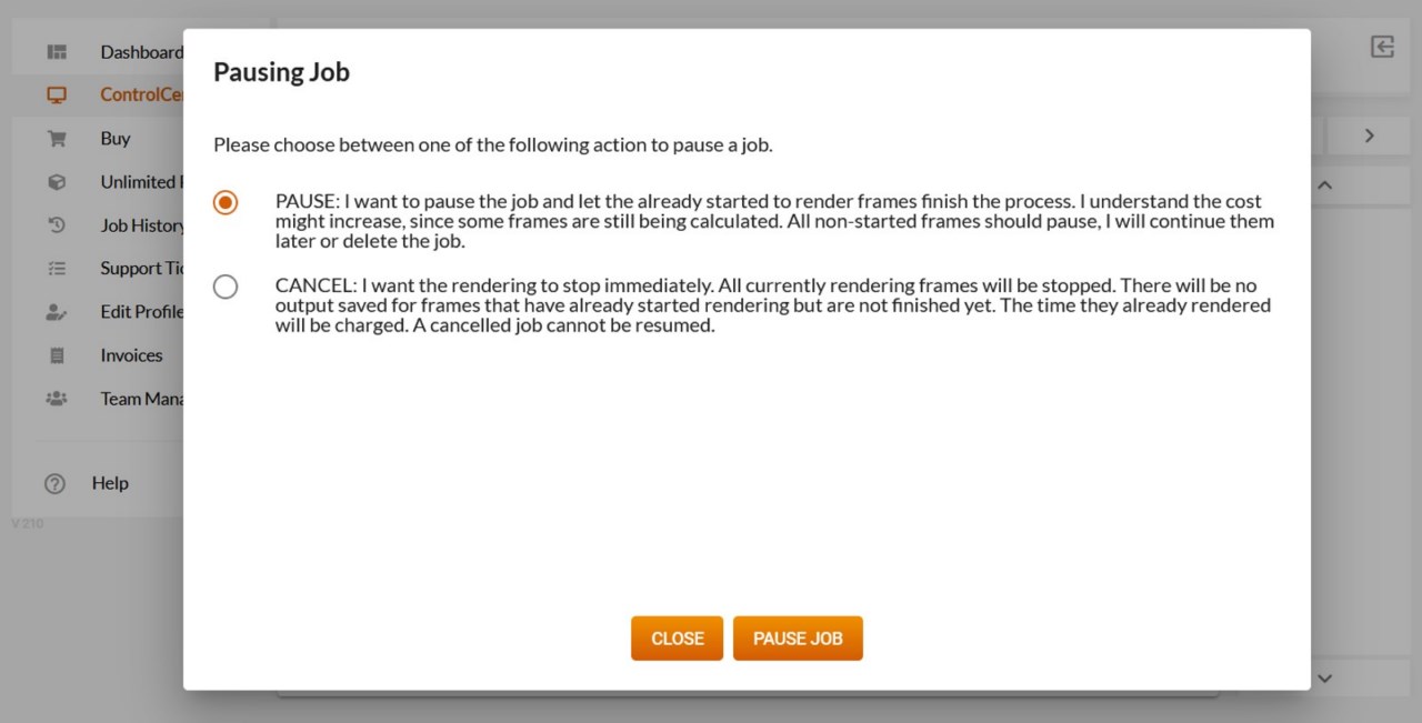Render Farm ControlCenter - Pause / Cancel a render job
