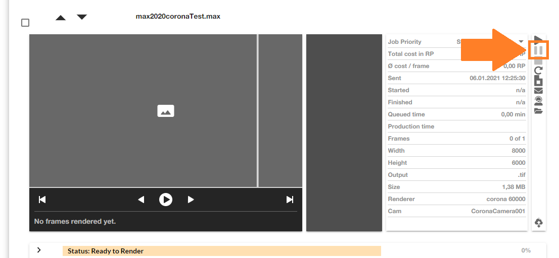 Render Farm ControlCenter - pulsante di pausa del lavoro di rendering