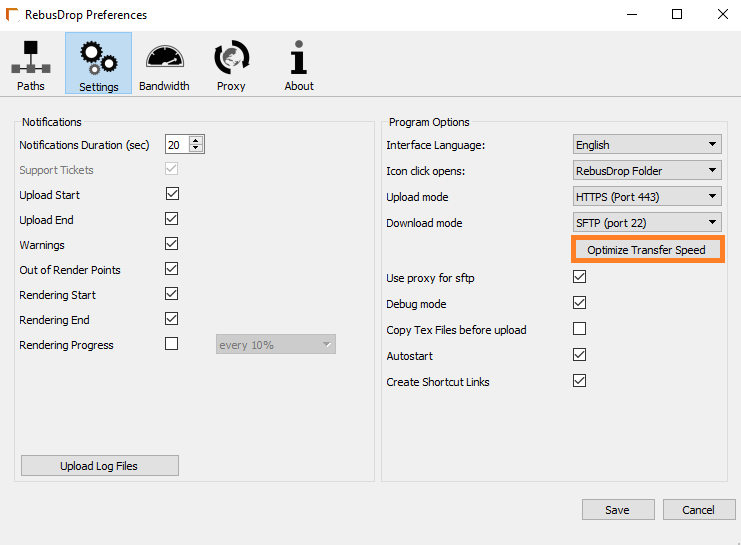 RebusDrop Preferences window - optimize transfer speed button