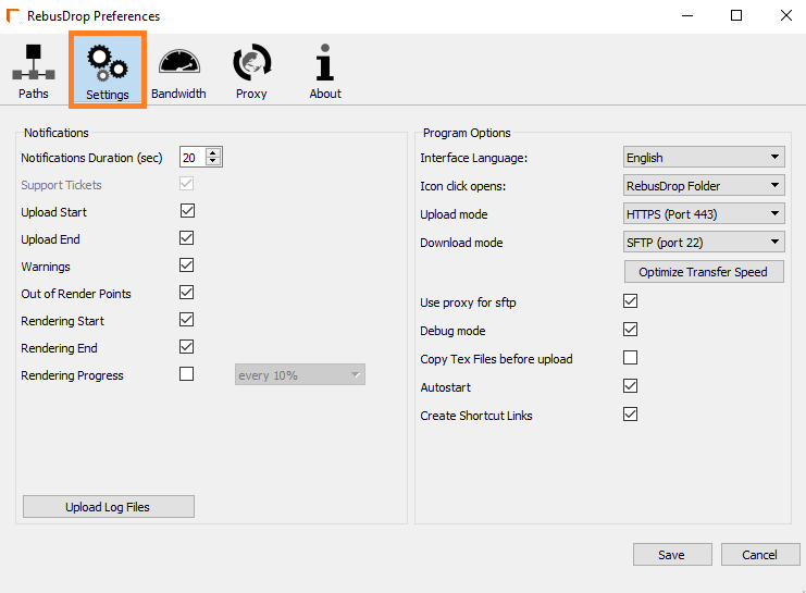 Ventana de preferencias de RebusDrop: configuración