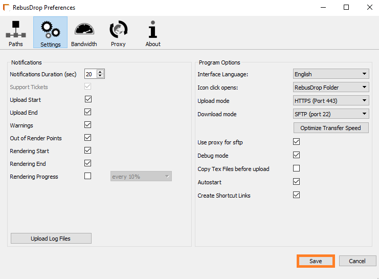 Ventana de preferencias de RebusDrop: botón guardar configuración