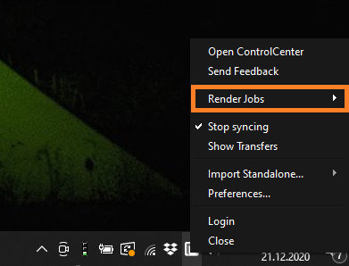 RebusDrop Bedienfeld - Option Renderaufträge