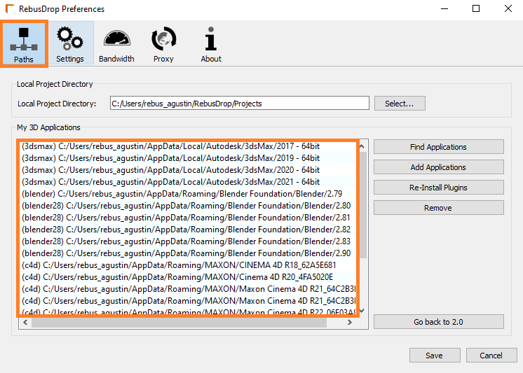 Finestra preferences di RebusDrop - impostazioni paths