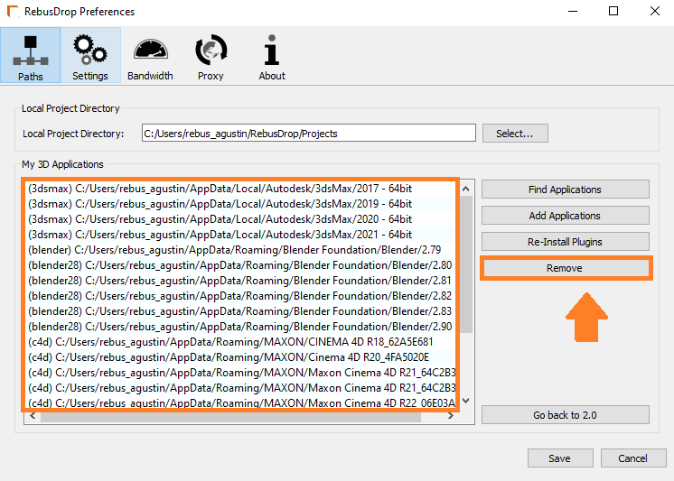 RebusDrop設定ウィンドウ - アプリケーションボタンを削除します