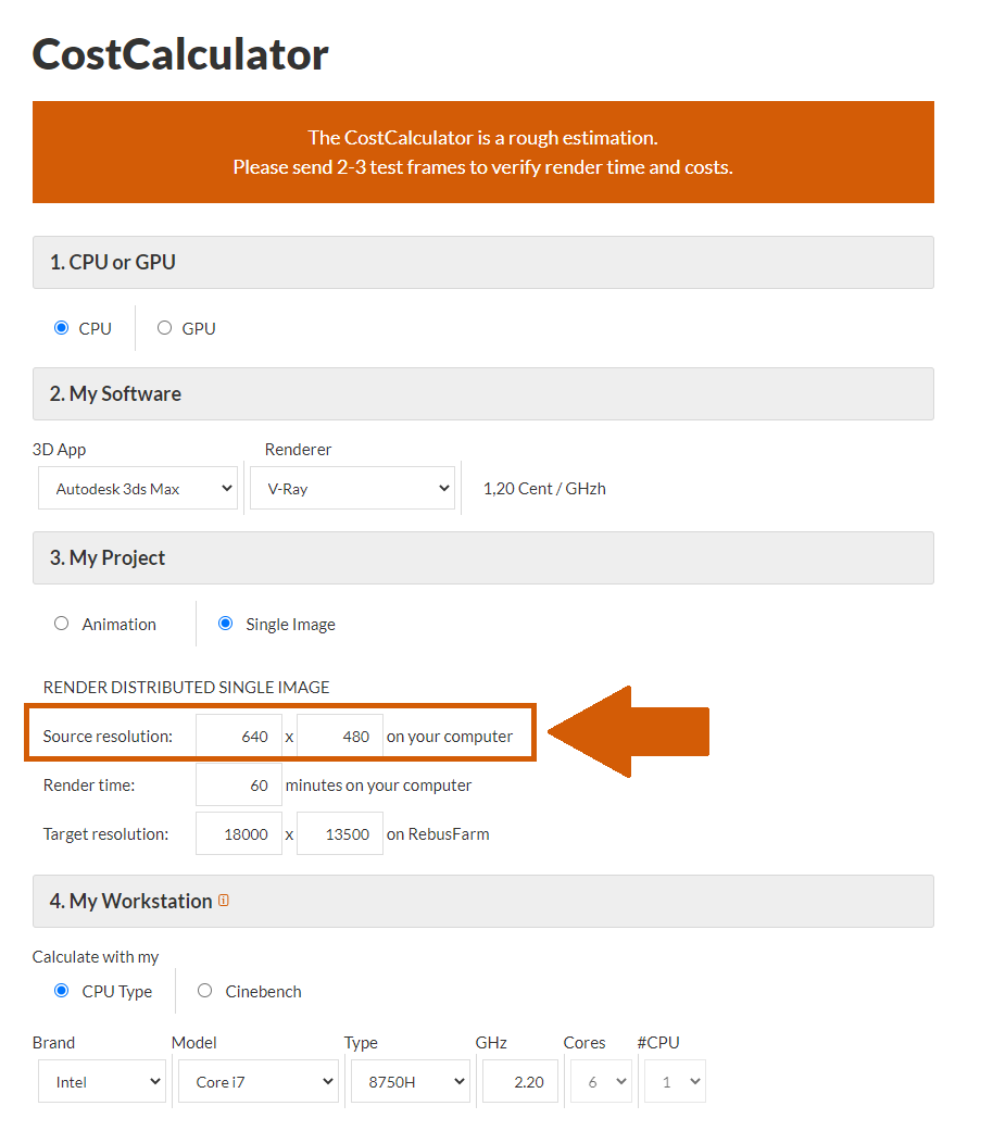 Render farm CostCalculator seleziona la risoluzione della risorsa