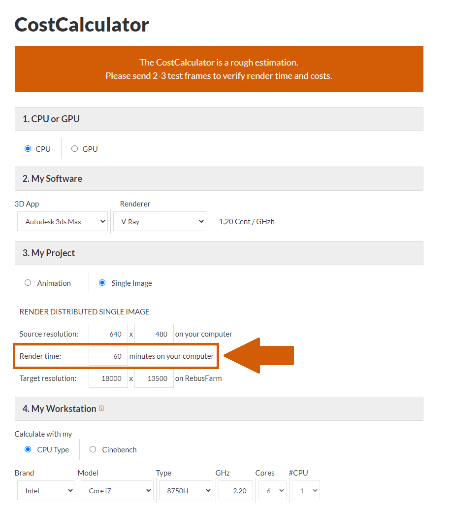 Render farm CostCalculator seleziona il tempo di rendering