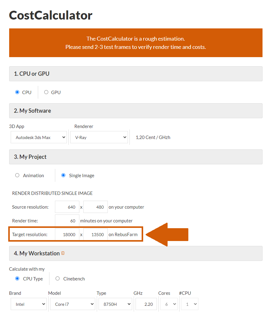 Render farm CostCalculator seleziona la risoluzione del target