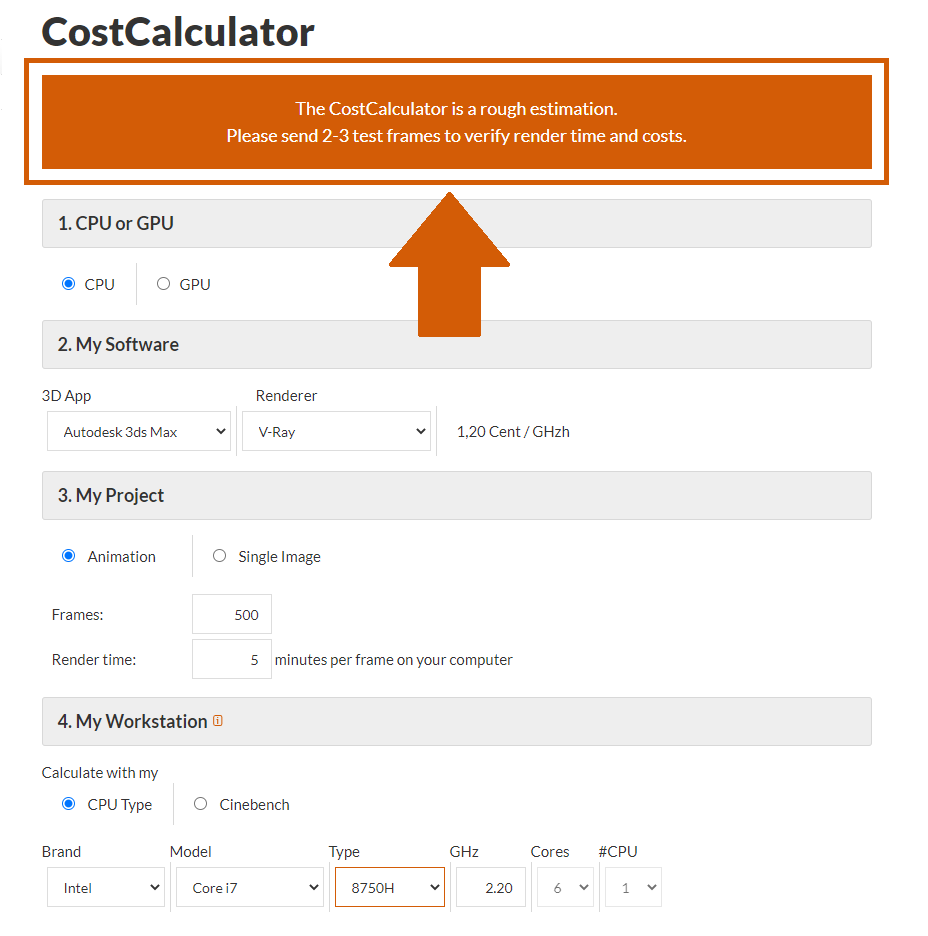 ２，３のテストフレームを送信するためのレンダーファームCostCalculator通知　