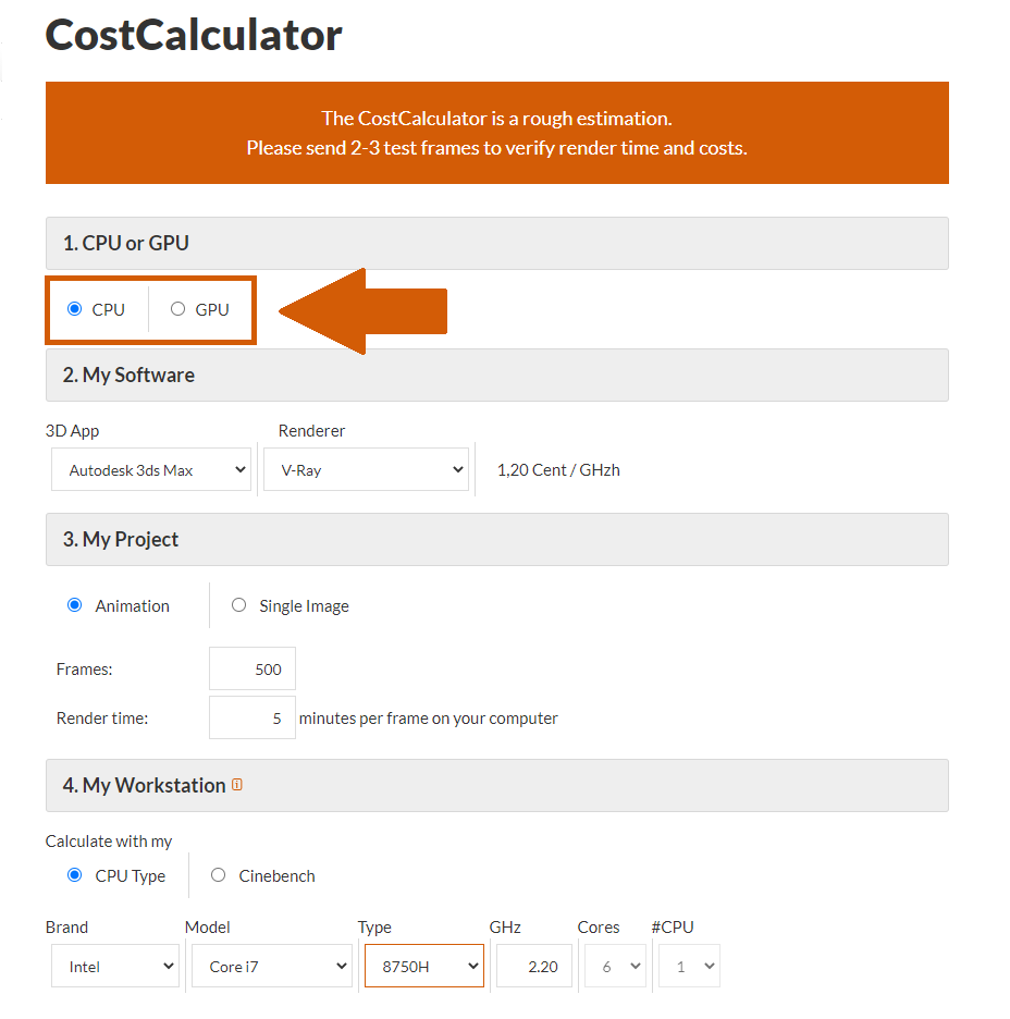 Render farm CostCalculator selezionsa CPU or GPU