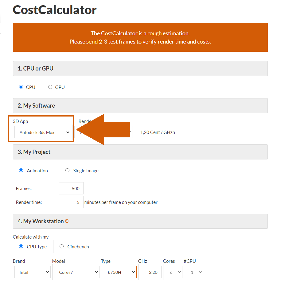 Selección del software en el CostCalculator de la granja de Renderizado