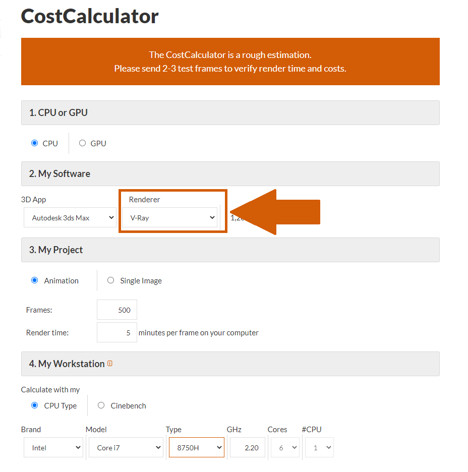 Selección de renderizador en el CostCalculator de la granja de Renderizado