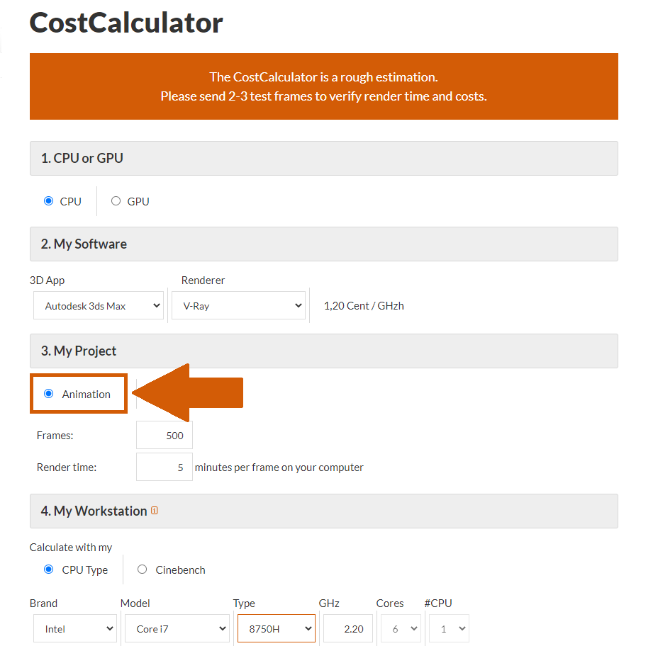 Render farm CostCalculator seleziona l'animazione