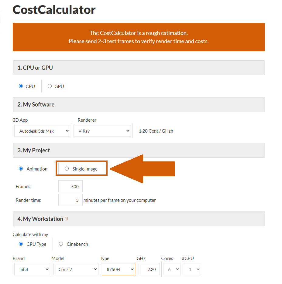 Render farm CostCalculator seleziona la singola immagine