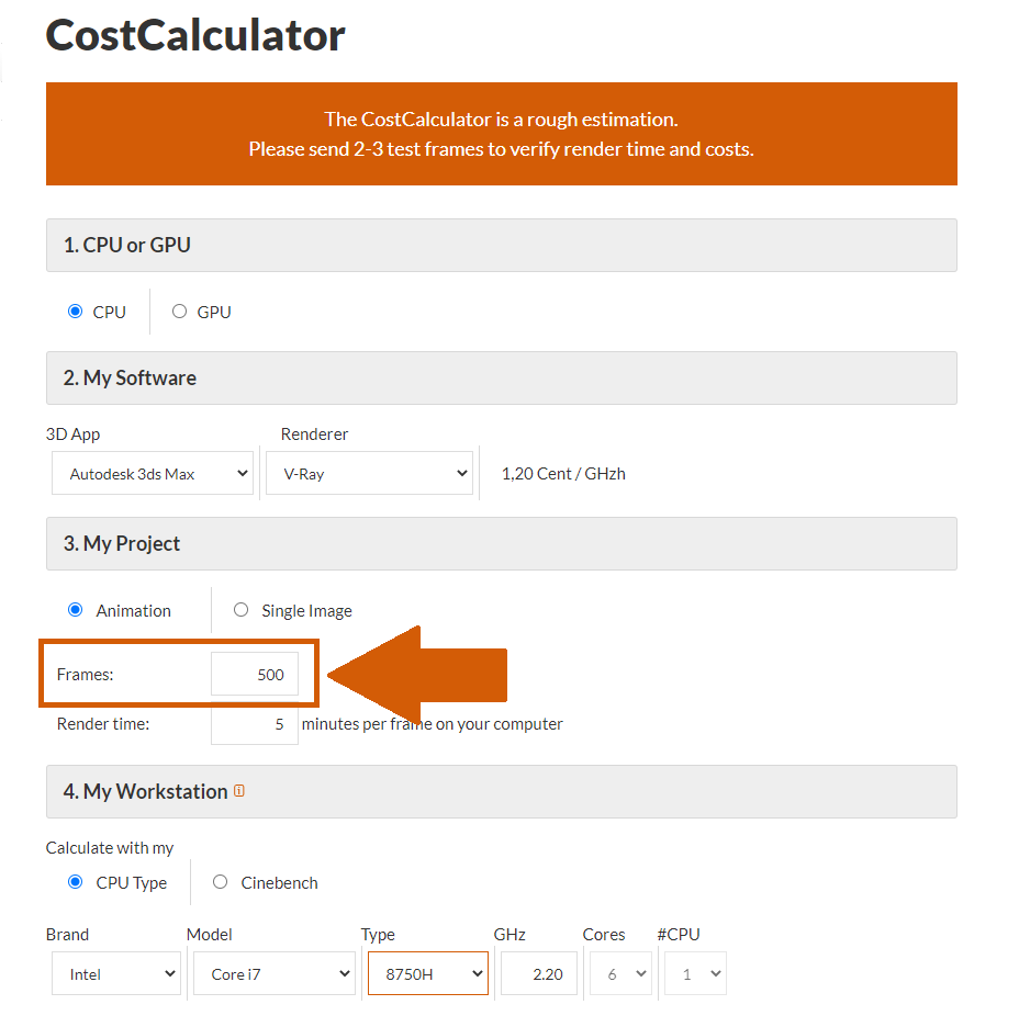 レンダーファームCostCalculator　フレーム数の選択