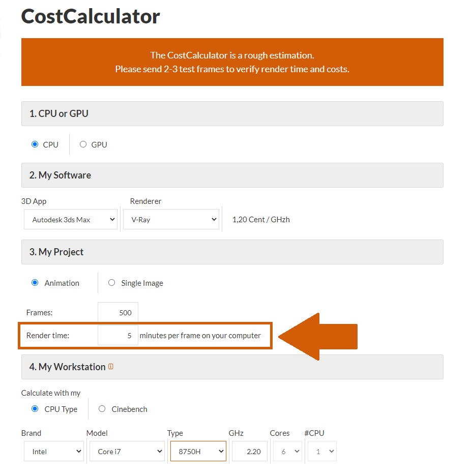 Selección del tiempo de render en el CostCalculator de la granja de Renderizado