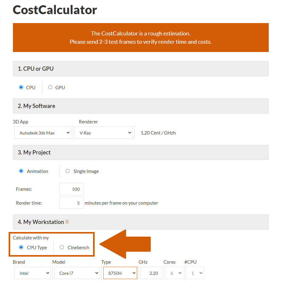 Selección de mi estación de trabajo en el CostCalculator de la granja de Renderizado