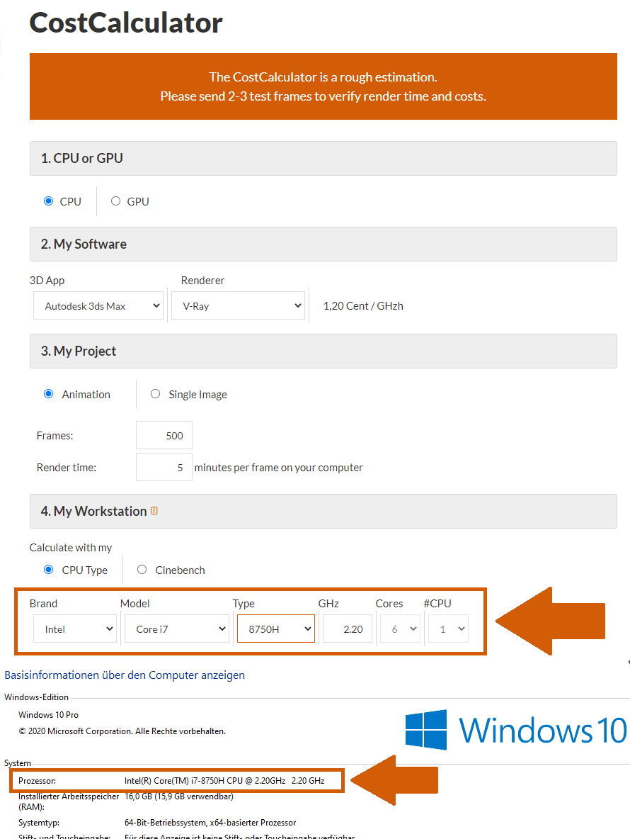 CostCalculator informazioni sulla tipologia di CPU