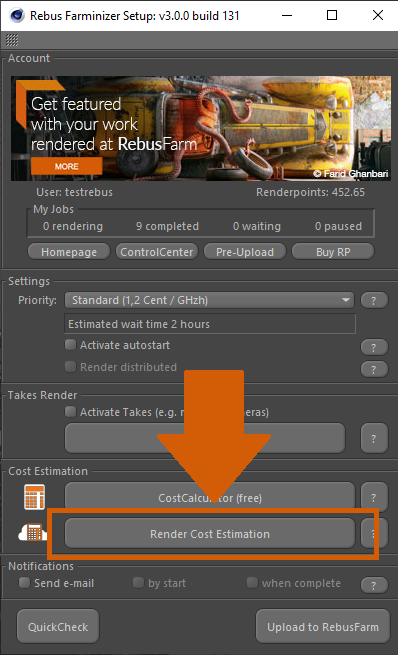 Rebus Farminizer Render Cost Estimation ボタン