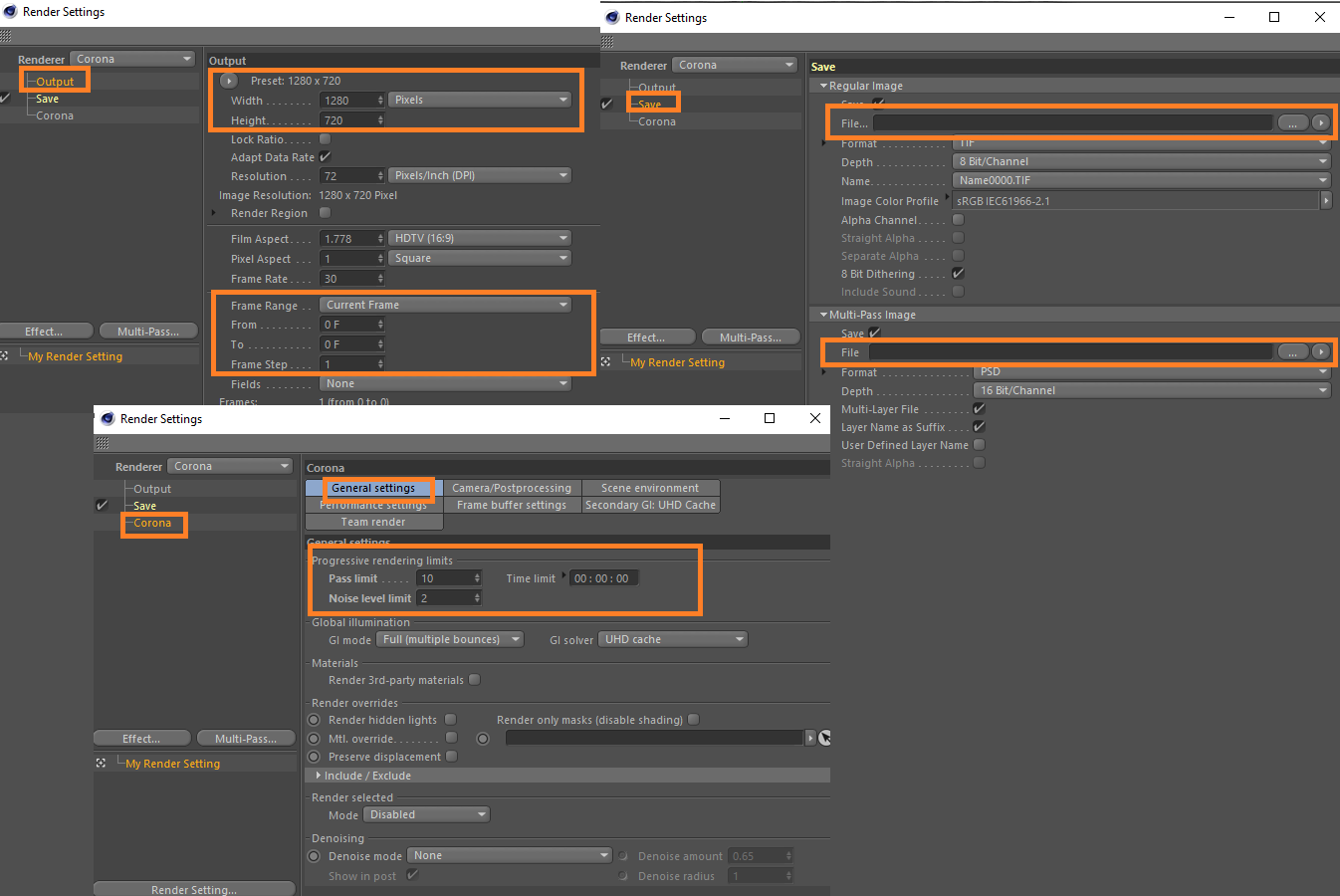 3D Render Setup für Cinema 4D mit Corona Renderer - Optionen zum Speichern von Dateien