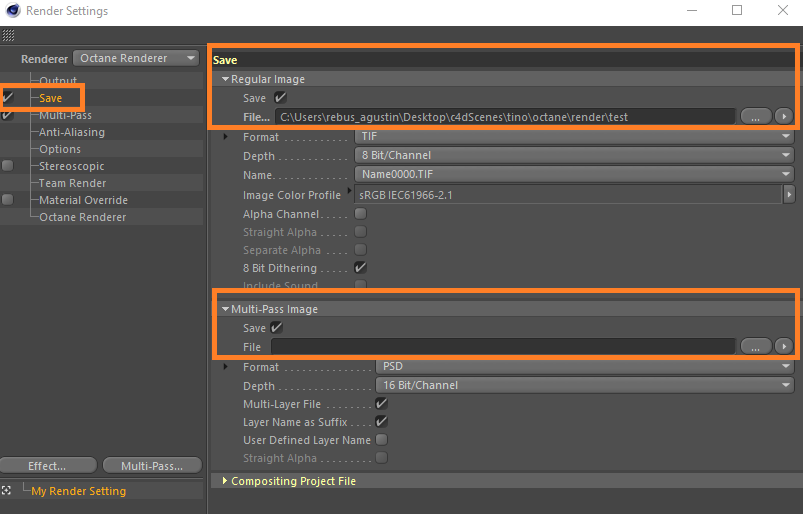 3D Render Setup für Cinema 4D mit Octane Renderer - Optionen zum Speichern von Dateien