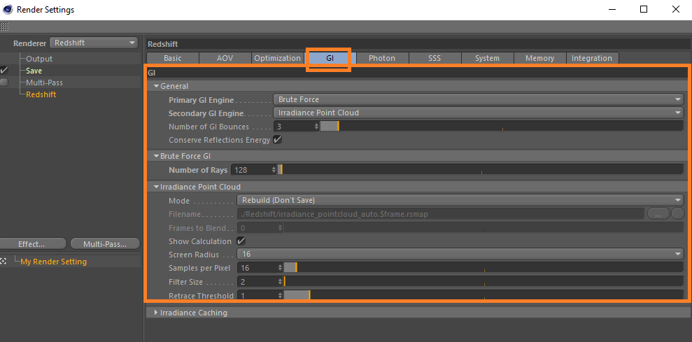 3D Render Setup für Cinema 4D mit Redshift Renderer - GI Optionen