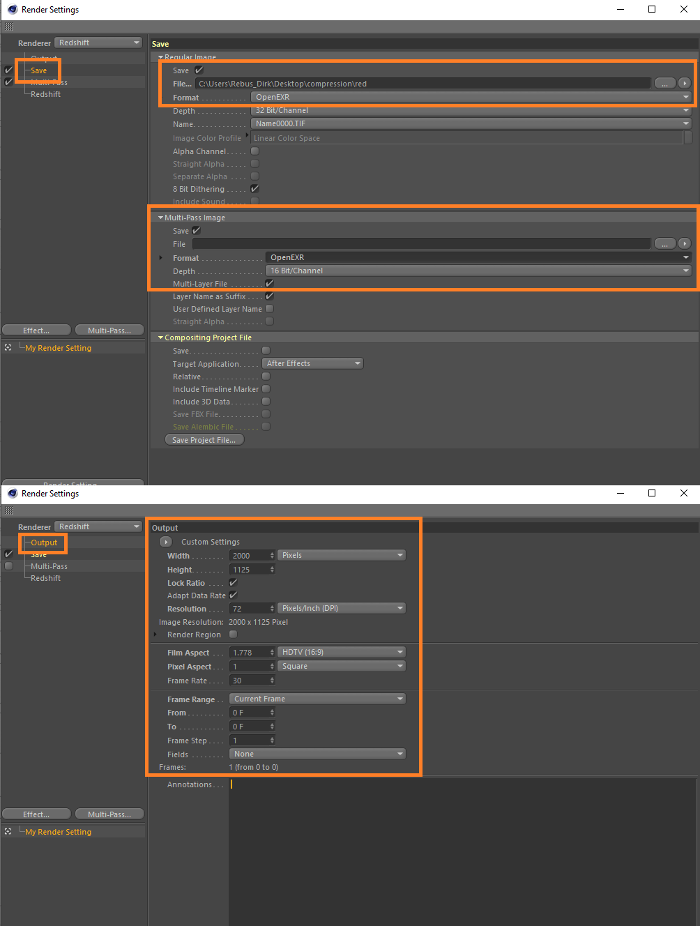 3D Render Setup for Cinema 4D with the Redshift Renderer - file saving options