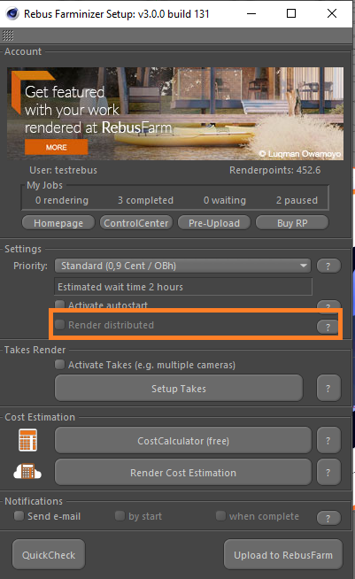 Menu Rebus Farminizer - attivazione del render distributed