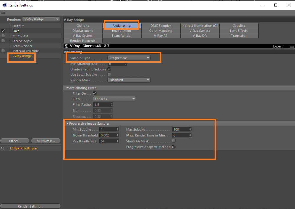 Configuração de renderização 3D para Cinema 4D com V-Ray