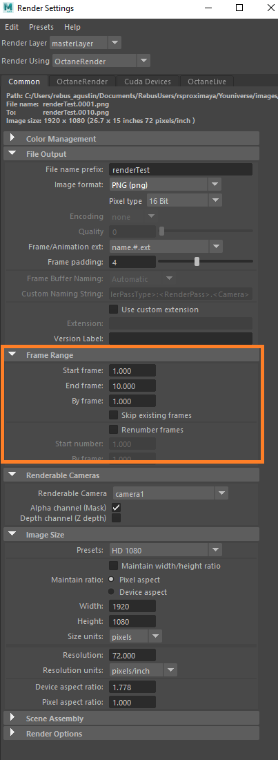 3D Render Setup for Maya with Octane Renderer - frame range options