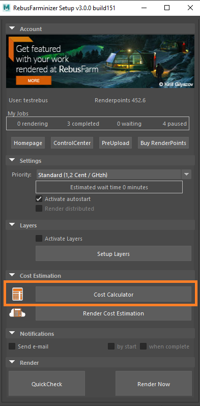 Rebus Farminizer Menü - CostCalculator Knopf