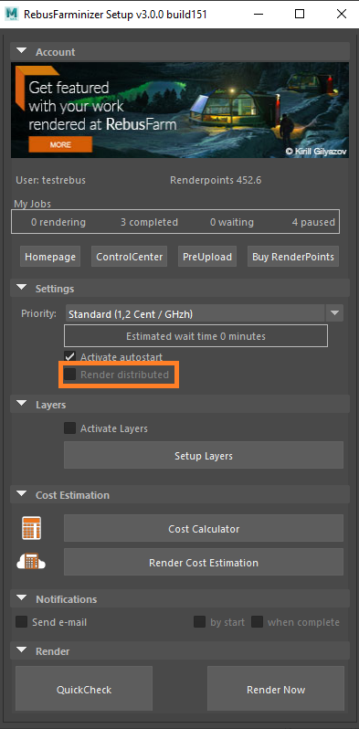 Rebus Farminizer menu - distributed rendering activation