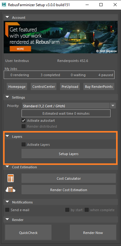 Menú de Rebus Farminizer: configuración de renderizado de capas