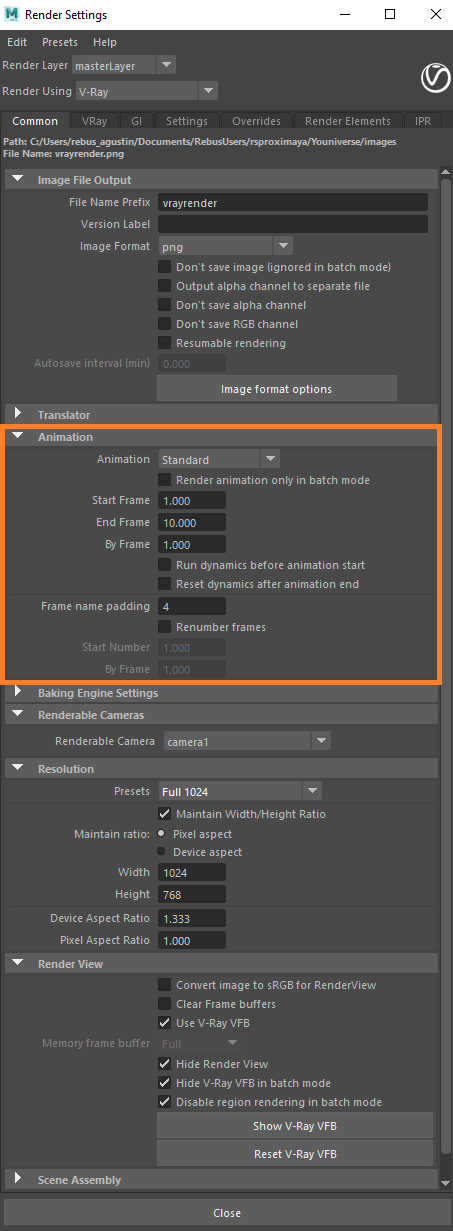 Impostazioni di render per Maya con V-Ray - opzioni animation