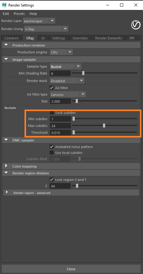 Configuración de renderizado 3D para Maya con V-Ray - opciones de cubos