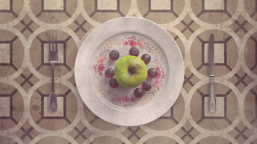 3D green apple on plate