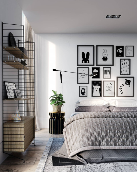 Black and white bedroom archviz