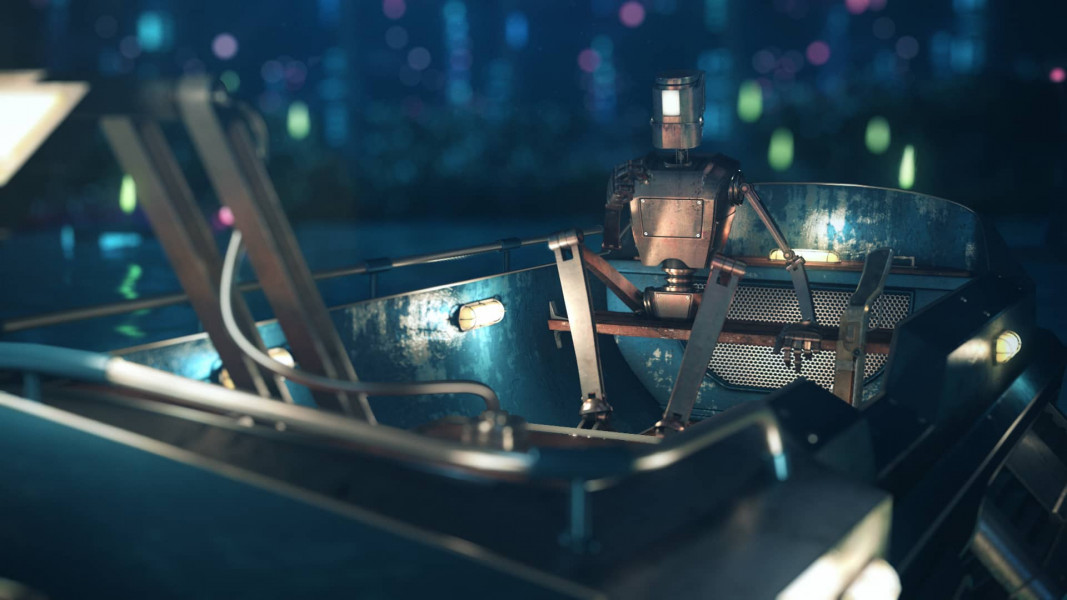 Rendered Roboter in a Boat at night