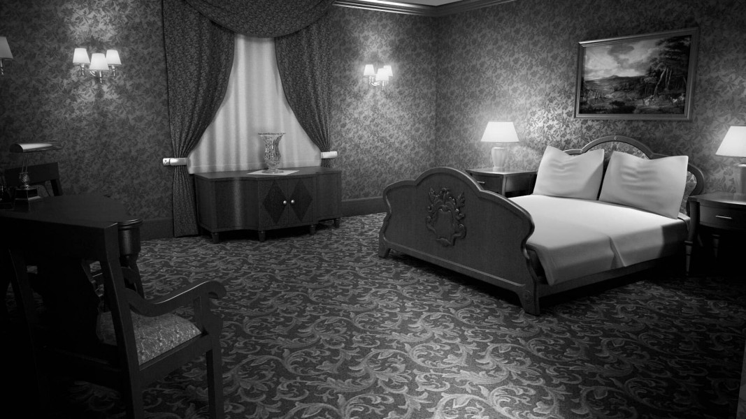 Archviz black and white bedroom