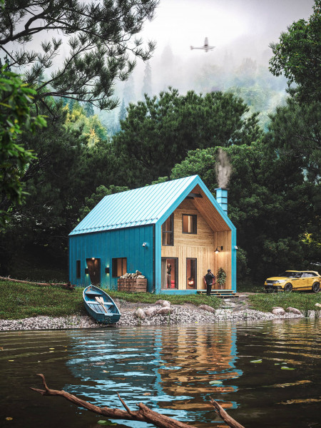 Blue cabin in front of a lake