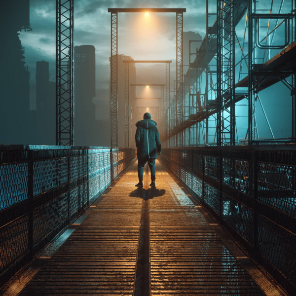 Rendered image of a man standing on a bridge in the dark