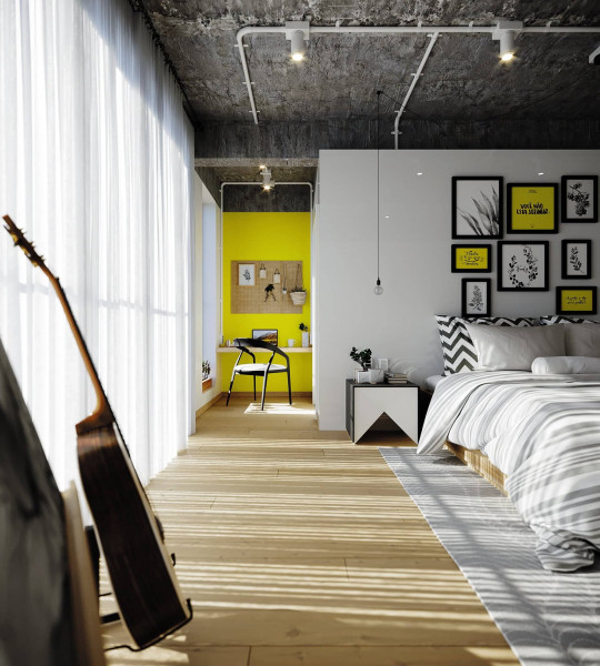 Minimalist bedroom in neutral colors and yellow